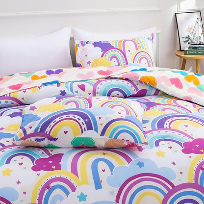 Btargot Lightweight Soft 3 Piece Rainbow Comforter Set with 2 Pillow Covers, Cartoon Love Hearts Flowers and Sun Star Bedding Set for Girls Boys Kids,Twin Light Purple