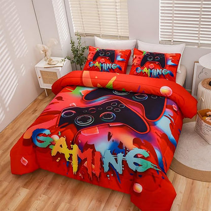 Aimuan Gaming Comforter Sets for Boys Kids Bedding Sets Video Games Console Action Buttons Novelty Colorful Game Gamepad Controller Modern Gamer Room Decor Home Quilt Set (Full, Red)