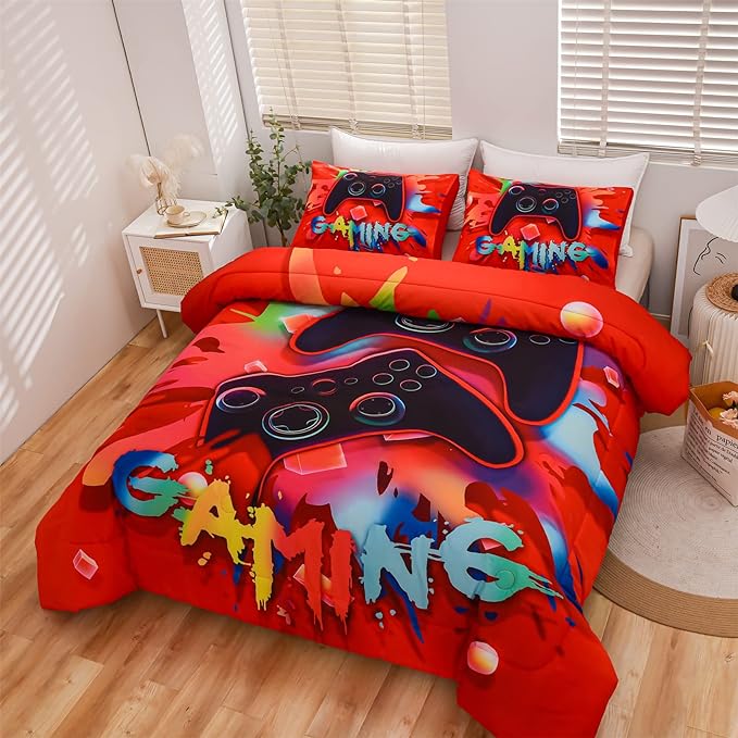 Aimuan Gaming Comforter Sets for Boys Kids Bedding Sets Video Games Console Action Buttons Novelty Colorful Game Gamepad Controller Modern Gamer Room Decor Home Quilt Set (Queen, Red)