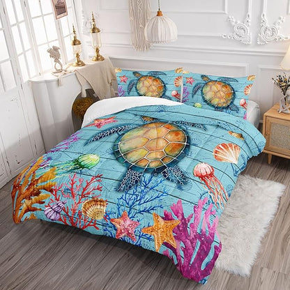 Datura home Sea Turtle Bedding Comforter Set Sea Turtle Ocean Beach Printed Pattern Bedding Set with 1 Comforter and 2 Pillowcases for Boys Bedroom All Season(Sea Turtle Full), Full 80x90inches