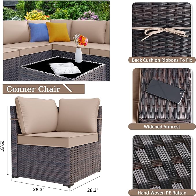 Patio Furniture Set Sofa 12-Pieces Wicker Sectional Sofa Set, Outdoor Furniture Rattan Patio Conversation Set with Thickened Cushions and Glass Coffee Table, Sand
