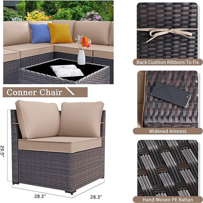 Patio Furniture Set Sofa 12-Pieces Wicker Sectional Sofa Set, Outdoor Furniture Rattan Patio Conversation Set with Thickened Cushions and Glass Coffee Table, Sand