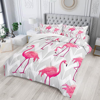 Flamingo Comforter Set Twin Size Tropical Flamingo Geometric Stripe Bedding Set Flamingo Quilted Duvet for Kids Girls Boys Adult with 1 Comforter and 2 Pillowcases