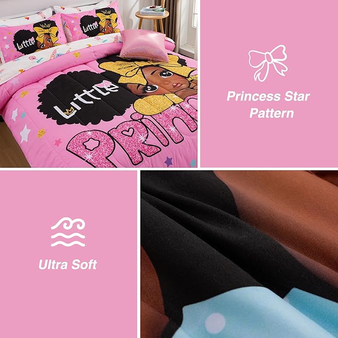 A Nice Night Black Girl Little Princess Comforter Set, Pink 6Pcs Bed in A Bag Twin Size Sparkling Stars Bedding Set,for Kids, Girls