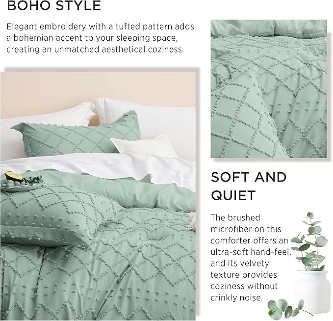 Bedsure Queen Comforter Set - Sage Green Comforter, Boho Tufted Shabby Chic Bedding Comforter Set, 3 Pieces Vintage Farmhouse Bed Set for All Seasons, Fluffy Soft Bedding Set with 2 Pillow Shams