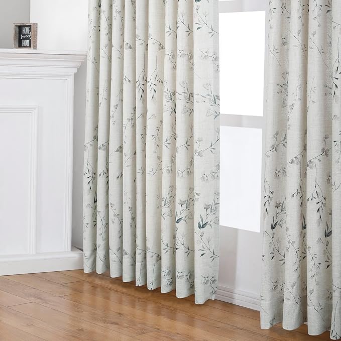 Pinch Pleated Floral Linen Curtains, 100 Inch Wide by 84 Inch Long Printed Curtains for Privacy Light Filtering, Suitable for Living Rooms and Sunrooms.2 Panels