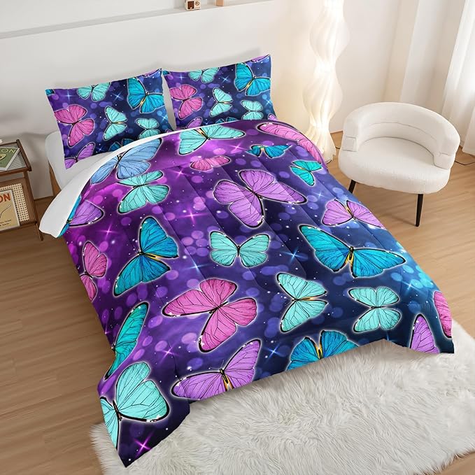HOSIMA Butterfly Comforter Set with 2 Pillowcases,Glitter Purple Blue Butterfly Printed Bedding King Size Comforter Set for Adults Kids,Starry Sky Galaxy Comforter Butterfly Room Decor Aesthetics.