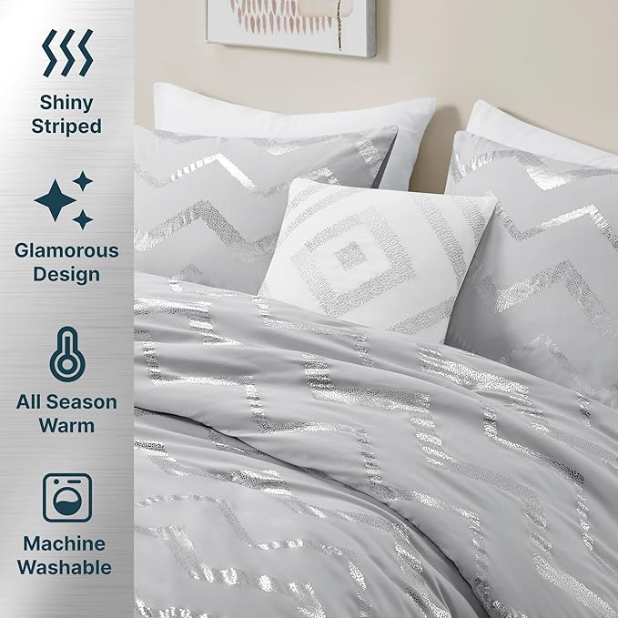 Codi Ziggy Metallic Grey Comforter Set Twin/Twin XL Size, Silver Bedroom Decor for Girls Room, 3 Piece Bedding Sets (2 Matching Sham + 1 Decorative Pillow)