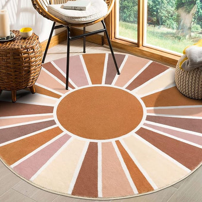 Topotdor Sun Rainbow Round Rug 4ft Boho Kids Nursery Rug, Colorful Washable Area Rug Ultra Soft Circle Classroom Rug Non-Slip for Bedroom Living Room Playroom Decor, Orange