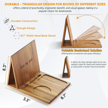 Triangle Book Holder, Book Rest, Acacia Foldable Book Nook Reading Valet, Triangle Book Stand with Cup, Pen, Glasses and Phone Holder for Bedroom, Nightstand or Office, Gifts for Book Lover