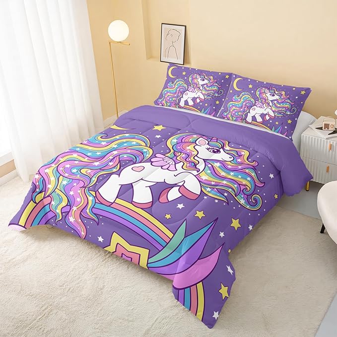 Unicorn Comforter Twin Size,Rainbow Unicorn Comforter Set for Kids Teens Girls,3Pcs Bedding Set Printed Comforter with 2 Pillowcases,Down Alternative,Soft and Lightweight(Purple，Twin Size)