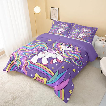 Unicorn Comforter Queen Size,Rainbow Unicorn Comforter Set for Kids Teens Girls,3Pcs Bedding Set Printed Comforter with 2 Pillowcases,Down Alternative,Soft and Lightweight(Purple，Queen Size)