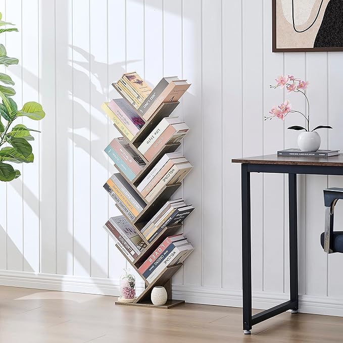 Hoctieon 10 Tier Tree Bookshelf, 10 Shelf Bookcase, Free Standing Tree Bookcase, Display Floor Standing Shelf for Books, Book Organizer Shelves for Home Office, Living Room, Bedroom, Greige