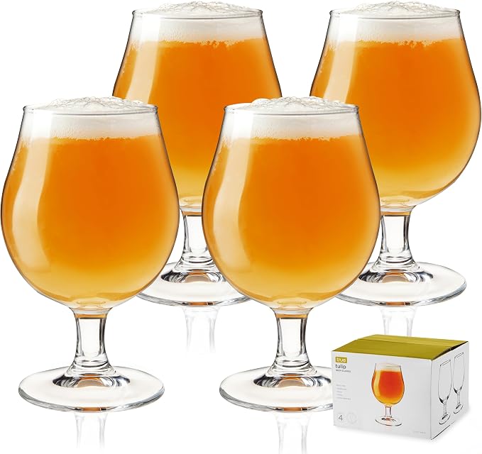 True Classic Tulip Beer Glasses, Sparkling Clear Drinking Glasses for Belgian Ales, Sours, IPA Beers, Cocktails, Gifts for Men, Game Night, Happy Hour, Home Bar, Elegant Glassware, 15 oz, Set of 4