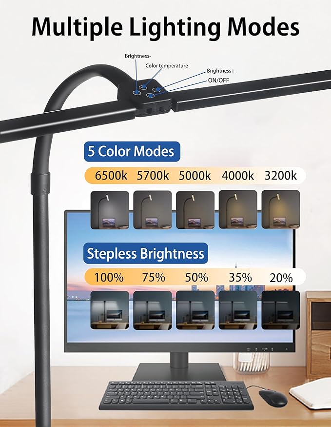 LED Desk Lamp with Remote for Home Office,24W Bright Desk Light with Clamp for Study Reading, Double Head Eye-Caring Clip on Lights,10 Dimmable Brightness, 50,000H Life Span,Desk Lamp for Workbench