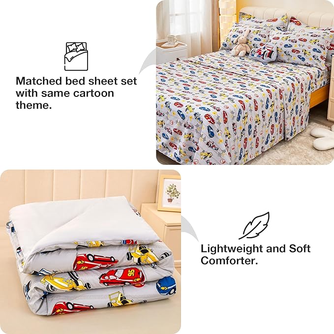 Mooreeke Twin Size Comforter Sets for Boys Kids, 6 Pieces Bed in a Bag Racing Car Bedding Comforter Sheet Set with Shams and Decorative Toy Pillow, Ultral Soft Microfiber Kids Bed Set