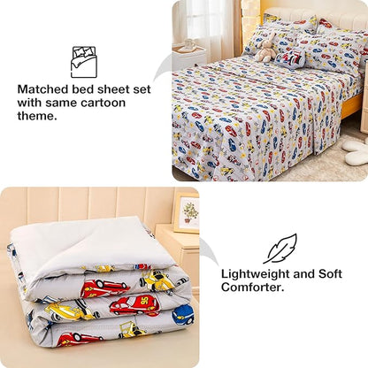 Mooreeke Queen Size Comforter Sets for Boys Kids, 8 Pieces Bed in a Bag Racing Car Bedding Comforter Sheet Set with Shams and Decorative Toy Pillow, Ultral Soft Microfiber Kids Bed Set