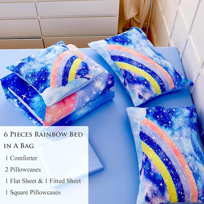 6Pcs Rainbow Bluey Girls Comforter Set Twin Gradient Glitter Bedding Sets Tie Dye Blue Girl Bed Set Soft Galaxy Kids Bed in A Bag with Sheets for All Season
