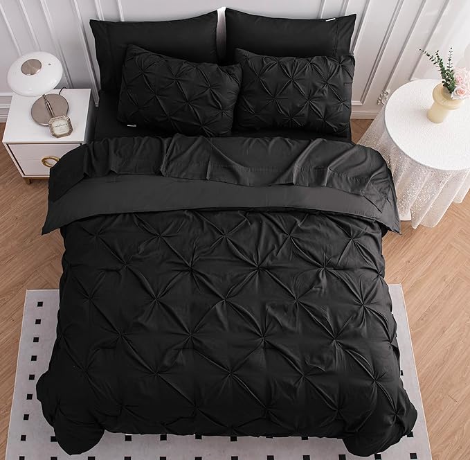 LANE LINEN California King Comforter Set, 7 Piece Cal King Bed in a Bag, Pintuck Cal King Bedding Set, Soft Cali King Bed Set, Cal King Bedding Comforter Sets with Sheets, Pillowcases & Shams - Black