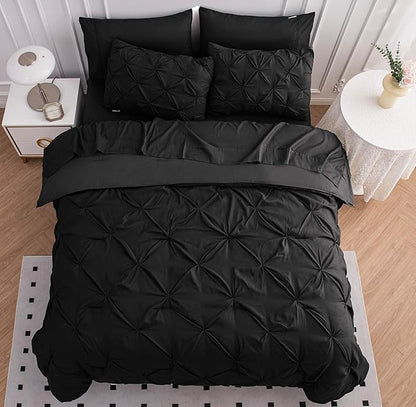 LANE LINEN Queen Comforter Set, 7 Piece Queen Bed Set, Soft Bedding Queen Size, Pintuck Queen Bed in a Bag Set, Black Comforter Queen, Queen Bed Comforter Set with Sheets, Pillowcases & Shams - Black