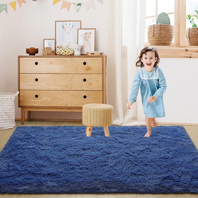 Super Soft Fluffy Shaggy Rugs for Living Room Bedroom, Fuzzy Plush Area Rugs for Girls Kids Room Nursery Home Decor, Furry Dorm Rug Cute Non-Slip Indoor Floor Carpet 4x5.9 Feet, Navy Blue