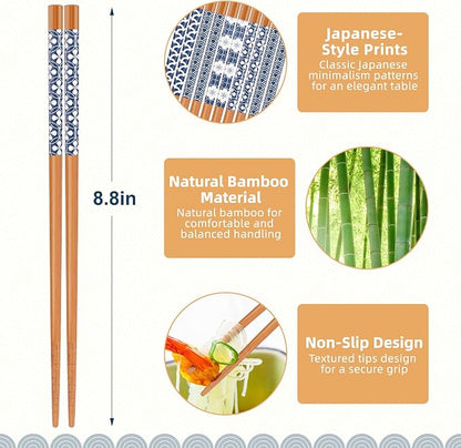 Antner 5 Pairs Natural Bamboo Chopsticks Reusable Classic Japanese Style Chop Sticks Gift Sets, Dishwasher Safe, 8.8 Inch/22.5cm