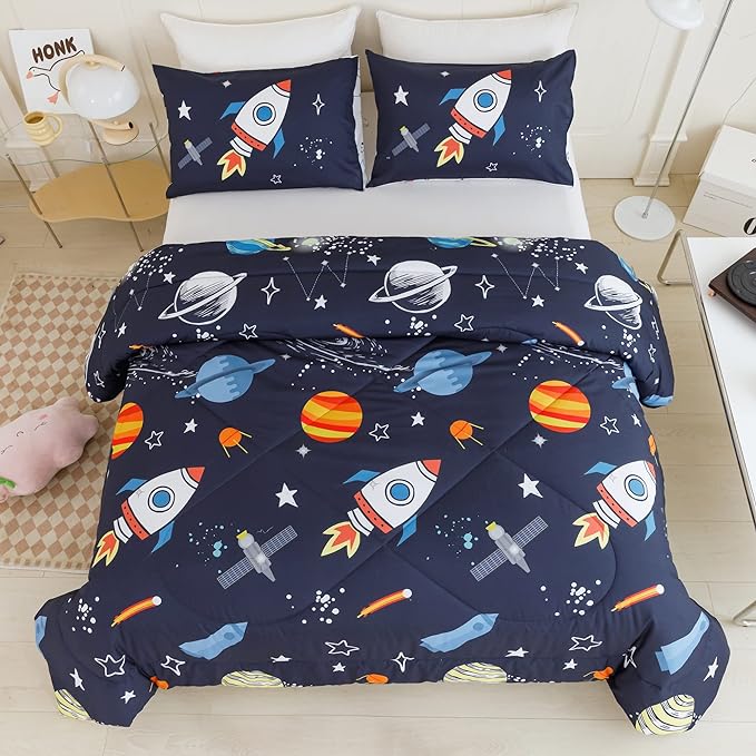 RYNGHIPY Kids Comforter Set Twin Size, Cute Space Rocket Bedding Set for Boys Girls, Space Themed Teen Boy Bedding (Space Rocket,Twin)