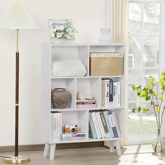 YAHARBO Pure White Bookshelf,3 Tier Book Shelf with Legs, 7 Cube Simple Bookcase,Storage Organizer Shelves Display Bookcases for Bedroom,Living Room