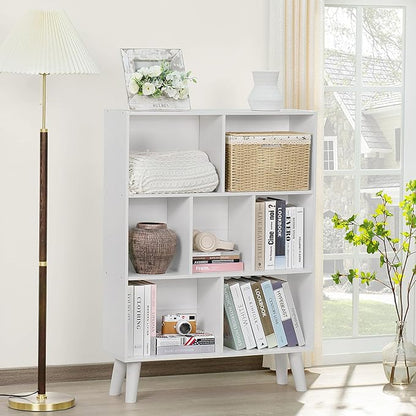 YAHARBO Pure White Bookshelf,3 Tier Book Shelf with Legs, 7 Cube Simple Bookcase,Storage Organizer Shelves Display Bookcases for Bedroom,Living Room