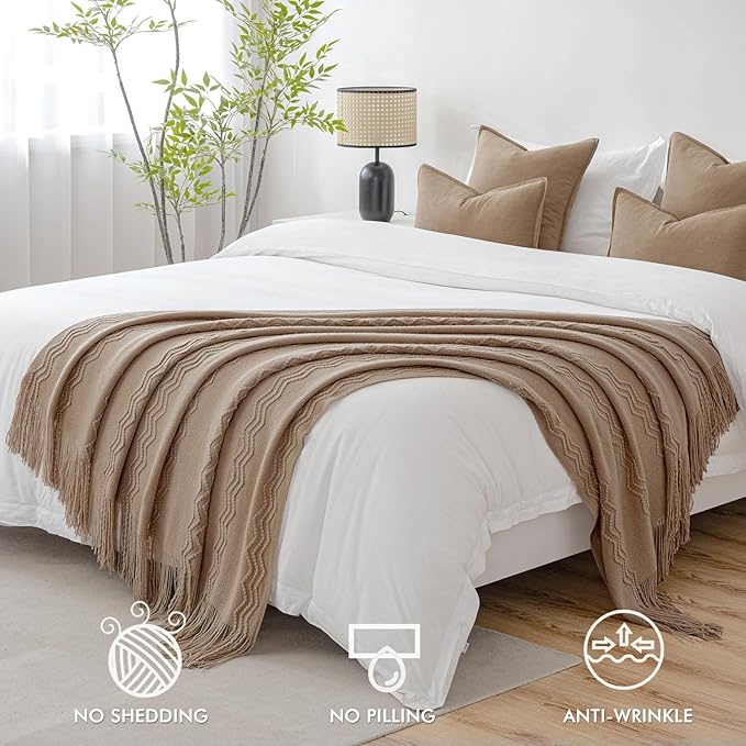 MIULEE Tan Taupe Knitted Throw Blanket for Couch Boho Textured Cozy Woven Blanket with Tassels for Sofa Chair Bed Living Room Farmhouse Home Decor Acrylic Wave Pattern 50"x60"