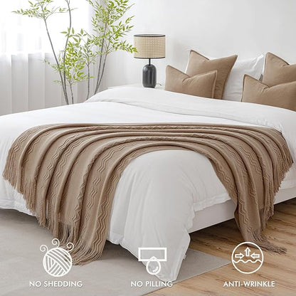 MIULEE Tan Taupe Knitted Throw Blanket for Couch Boho Textured Cozy Woven Blanket with Tassels for Sofa Chair Bed Living Room Farmhouse Home Decor Acrylic Wave Pattern 50"x60"
