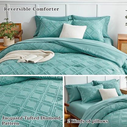 6 Pieces Tufted Bed in a Bag Twin Comforter Set with Sheets Green, Soft and Embroidery Shabby Chic Boho Bohemian Design, Luxury Solid Color with Diamond Pattern, Jacquard Tufts Bedding Set for Kids