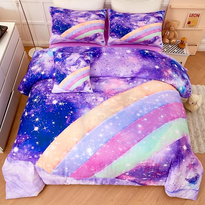 6 Pcs Rainbow Queen Bed in A Bag for Girls/Kids/Teens Purple Tie Dye Comforter Set Galaxy Girls Bedding Comforter Set Soft Gradient Glitter Bed Sets for All Season