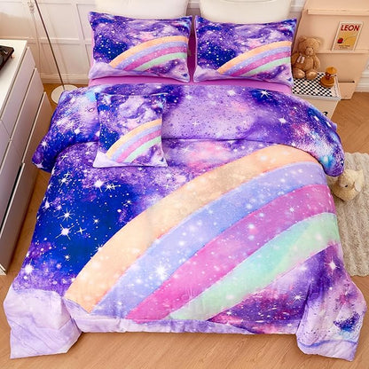 6Pcs Purple Rainbow Twin Size Bedding Set for Girls Gradient Glitter Kids Comforter Sets Tie Dye Girls Bed Set Sparkle Galaxy Bed in A Bag with Sheets