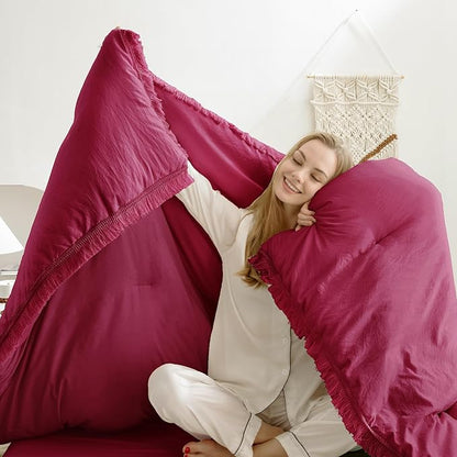 Andency Burgundy Red Tassel Comforter Set Twin(68x90Inch), 2 Pieces(1 boho Comforter, 1 Pillowcase) Farmhouse Shabby Chic Comforter Set, Soft Microfiber Lightweight Fringe Bedding Comforter Set