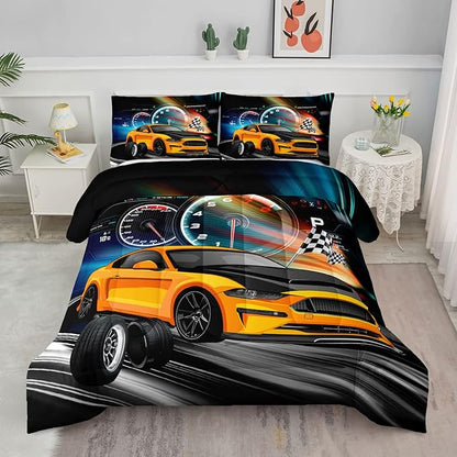 Axolotl Race Car Bedding Set Twin Size,Boys Extreme Sports Comforter Set for Kids Boys Car Racing Gifts,Yellow Cool Car Comforter Car Sports Quilt Set 1 Comforter with 2 Pillowcase Car Racing Gifts