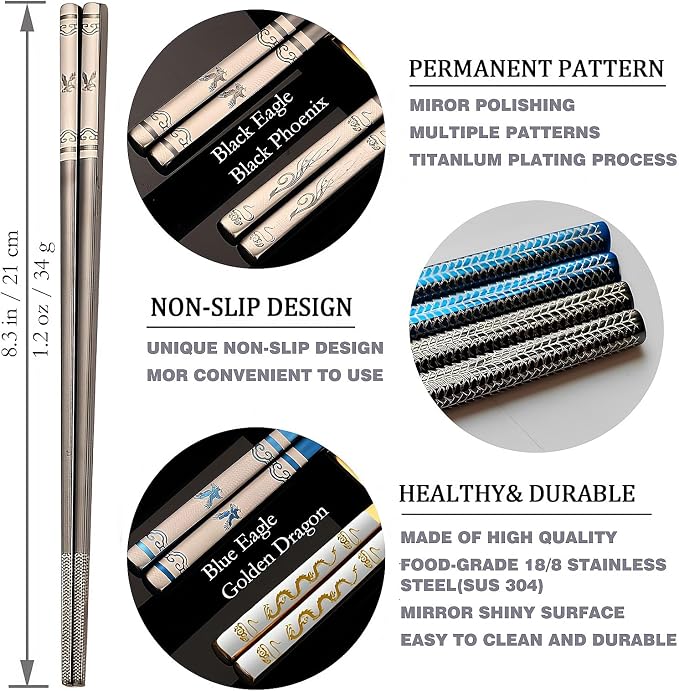 Portable Chopsticks,Stainless Steel Chopsticks Dragon/Blue Eagle, 2 Pairs | Year of the Dragon Gifts, Reusable Metal 18/8 Stainless Steel, Titanium Plated, For School,Home,Office,Bento Box