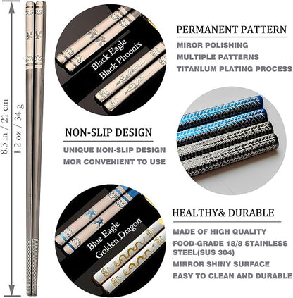 Portable Chopsticks,Stainless Steel Chopsticks Dragon/Blue Eagle, 2 Pairs | Year of the Dragon Gifts, Reusable Metal 18/8 Stainless Steel, Titanium Plated, For School,Home,Office,Bento Box