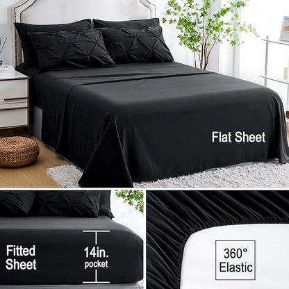 Ubauba 7pc Black Queen Comforter Set with Sheets, 7 Piece Pintuck Bed in a Bag, Queen Size Bed Set for All Seasons, Pinched Pleat Bedding Sets (Black,Queen)