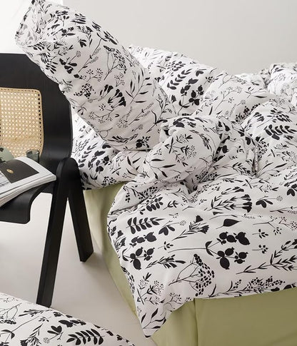 Black Botanical Comforter Set Twin White Black Floral Plant Bedding Comforter Set Girls Garden Pattern Printed on White Blanket Rustic Leaf Blossom Women White Farmhouse Comforter Twin