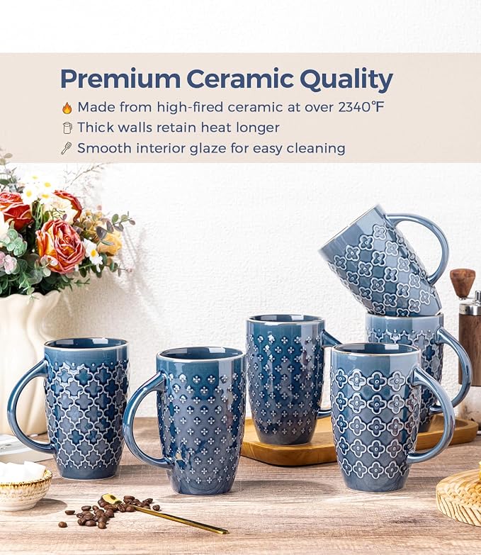 AmorArc Large Coffee Mugs Set of 6, 20oz Tall Coffee Mugs Set | with Texture Patterns for Cappuccino, Latte,Hot Cocoa, Dishwasher & Microwave Safe-Moonlight Blue