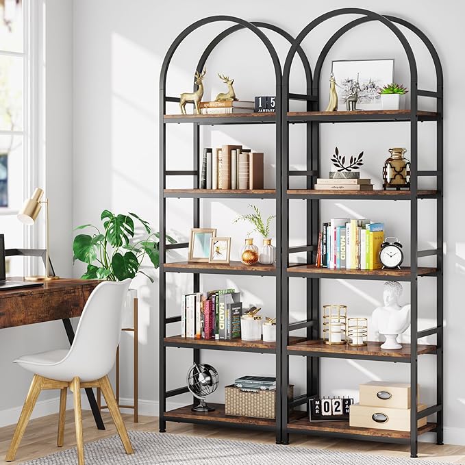 Tribesigns 5-Tier Open Bookshelf, 74.4" Wood Bookcase Storage Shelves with Metal Frame, Freestanding Display Rack Tall Shelving Unit for Office, Bedroom, Living Room, Easy Assembly(Brown, 2PCS)