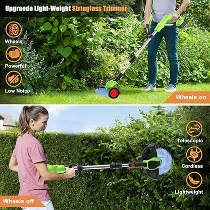 Cordless Electric Weed Wacker Battery Powered, 21v Lightweight Weed Trimmer Eater With 2 4.0Ah Battery Operated & Charger & Wheels & Shears, 3 In1 Grass Trimmer/Brush Cutter/Lawn Edger for Yard Garden