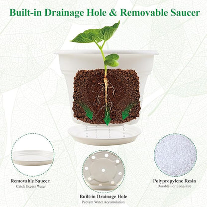 8 Inch Plastic-Flower Pot-for-Indoor Plants, 4 Pack Large Outdoor Planter Pot with Drainage Holes & Saucers, Resin Decorative Garden Pots Planters