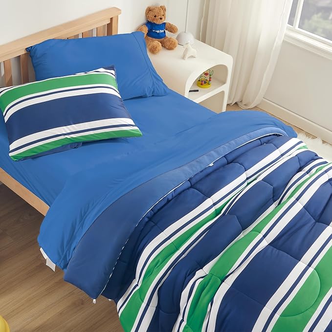 SLEEP ZONE Teens Boys Green Navy Stripe Kids Jersey Knit Comforter Set, Cute & Soft Bedding Set 2 Pieces with Comforter and Pillowcase, Washable, Easy Care (Rugby Stripe Navy/Green, Twin)
