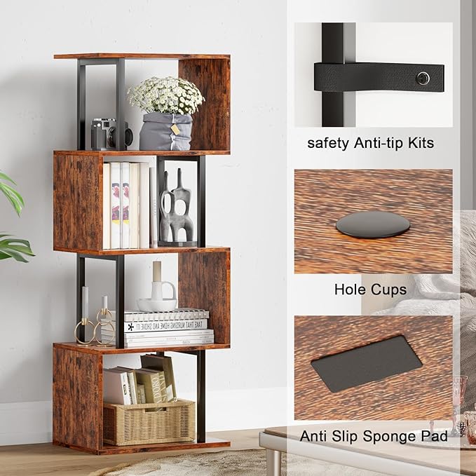 Furologee 5-Tier Bookshelf, S-Shaped Geometric Bookcase, Narrow Freestanding Display Shelves, Modern Wood Decorative Storage Shelving Rack for Bedroom, Living Room, Home Office, Rustic Brown