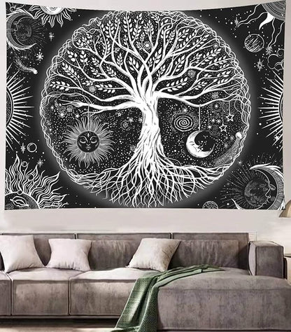 FORATER Tree of Life Tapestry Wall Hanging, Sun and Moon Aesthetic Wall Tapestry Black and White Tapestries Home Decor for Living Room Bedroom(53 x 61 Inch, Black and White)