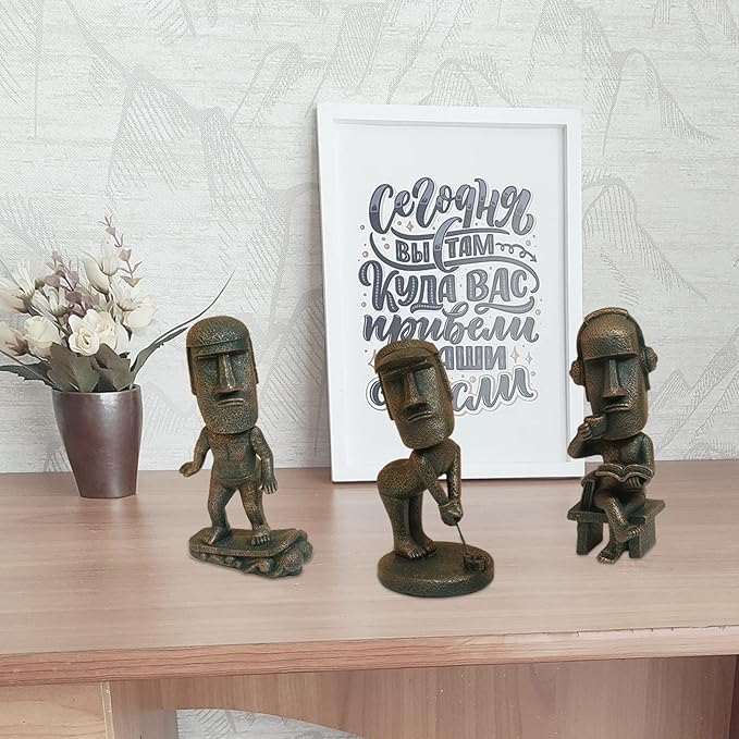 Moai Statue Decor - 6 Inch Easter Island Oranment Resin Stone Decoration for Room Accessories Antique Sculpture for Office Desktop (Play The Guitar)