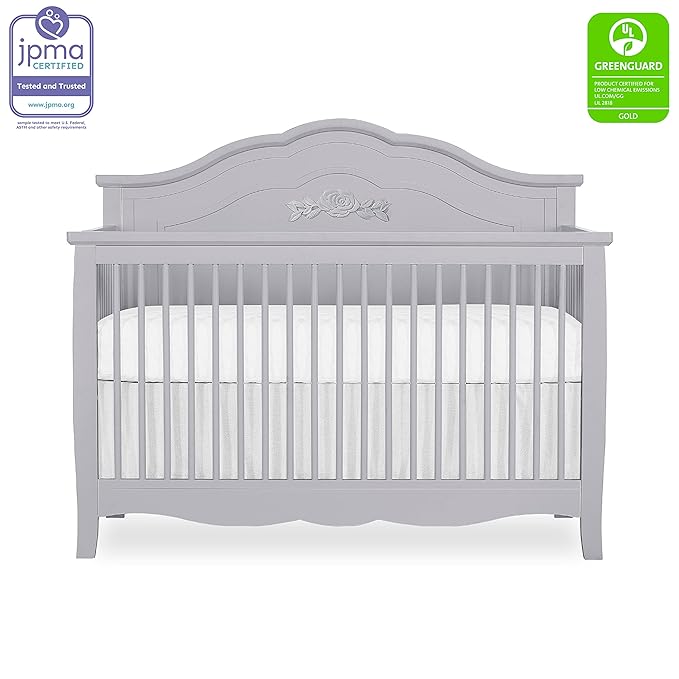 SweetPea Baby Rose 4-in-1 Convertible Crib in Silver Shimmer, Baby Crib with Spindles, Greenguard Gold Certified, Easy Assembly, Sustainable New Zealand Pinewood