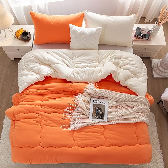 COTTEBED Warm Reversible Softness Burnt Orange and Beige King Size Comforter Sets Clearance, California King Soft Fully Breathable Bedding Down Comforter and Pillowsham for Women Winter King/Cal King
